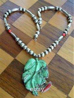 RARE Sterling Carved Turquoise Leaf Coral Bench Bead Necklace Navajo Tempe AZ