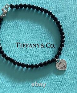 RARE Tiffany & Co 4mm sterling Silver Black Onyx Bead Ball Heart Tag Bracelet 7