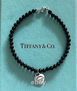 RARE Tiffany & Co 4mm sterling Silver Black Onyx Bead Ball Heart Tag Bracelet 7