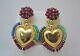 Rare Vintage 11ct Faceted Eme/ruby/sapp Beads 18k Heart Zancan Earrings Italy