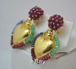 RARE VINTAGE 11ct FACETED EME/RUBY/SAPP BEADS 18K HEART ZANCAN EARRINGS Italy