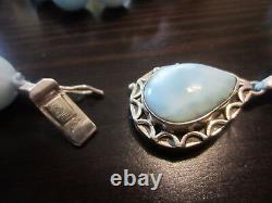 RARE VTG ChineseLarimar Round Bead Necklace w925 Sterling Silver Teardrop Clasp