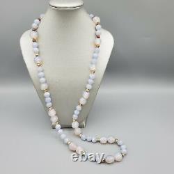 RARE Vintage 10mm Blue Lace Agate & Opaline Peking Crumb Glass Bead Necklace 30