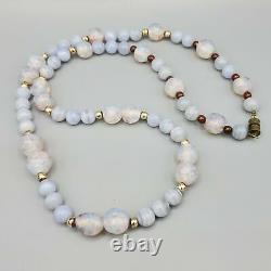 RARE Vintage 10mm Blue Lace Agate & Opaline Peking Crumb Glass Bead Necklace 30