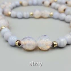 RARE Vintage 10mm Blue Lace Agate & Opaline Peking Crumb Glass Bead Necklace 30