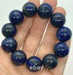 RARE Vintage Chinese Lapis Lazuli Carved Bead Bracelet Highest Quality HUGE 17mm
