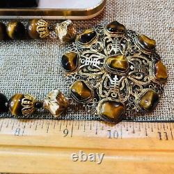RARE Vintage Chinese Tiger Eye Bead Gold Vermeil Sterling Pendant Necklace