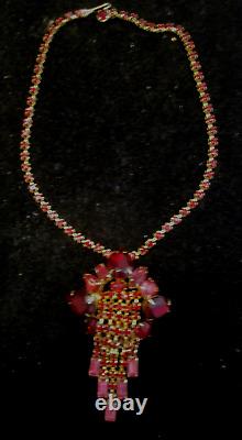 RARE Vintage Juliana D&E Ruby Red Pink Rhinestone Drop Pendant Gold Necklace