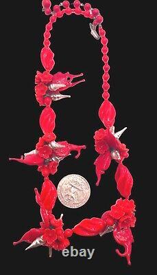 RARE Vintage Red Glass Fish & Flower & Spikey Faux Pearl Dangle Beaded Necklace