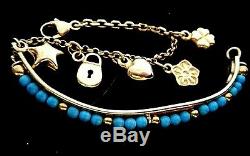 Rare 14k Solid Gold Handmade Turquoise Beaded Curve Bar & Charms Bracelet 5.5l