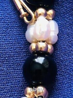 Rare 14k gold swirl black onyx leaves + baroque pearls onyx 14k gold beads 18