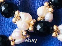 Rare 14k gold swirl black onyx leaves + baroque pearls onyx 14k gold beads 18