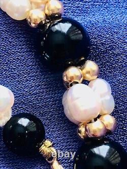 Rare 14k gold swirl black onyx leaves + baroque pearls onyx 14k gold beads 18