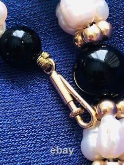 Rare 14k gold swirl black onyx leaves + baroque pearls onyx 14k gold beads 18