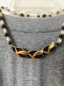 Rare 14k gold swirl black onyx leaves + baroque pearls onyx 14k gold beads 18