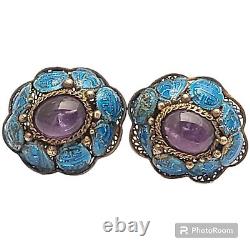 Rare 1950s Chinese Filigree Silver Purple Amethyst Earrings