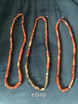 Rare (3)Antique Agate African Trade Beads Faceted 12 Inches Necklace Pendant