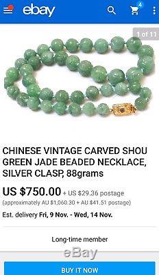 Rare 447Ct Carved Graduating Jadeite 14mm Shou Bead Jade Necklace 89 grams