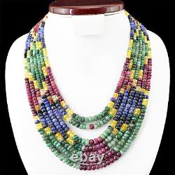Rare 870.00 Cts Natural Emerald, Sapphire & Ruby 7 Line Faceted Beads Necklace