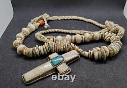 Rare 925 Sterling Silver North West Bone Stone Turquoise And Silver Tie Necklace