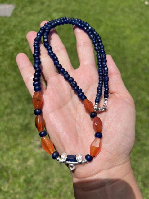 Rare Ancient Carnelian And Blue Glass Beads Necklace With Pendant #m050