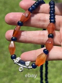 Rare Ancient Carnelian And Blue Glass Beads Necklace With Pendant #M050