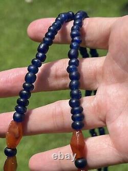 Rare Ancient Carnelian And Blue Glass Beads Necklace With Pendant #M050