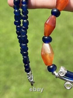 Rare Ancient Carnelian And Blue Glass Beads Necklace With Pendant #M050