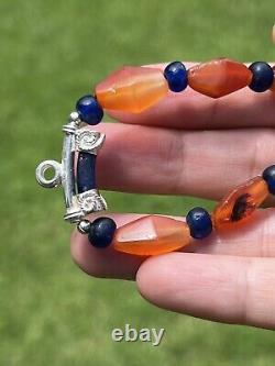 Rare Ancient Carnelian And Blue Glass Beads Necklace With Pendant #M050