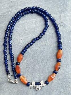 Rare Ancient Carnelian And Blue Glass Beads Necklace With Pendant #M050