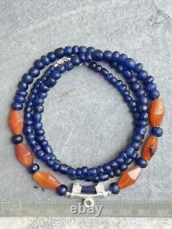 Rare Ancient Carnelian And Blue Glass Beads Necklace With Pendant #M050