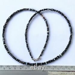 Rare Ancient India Black Agate White line Stone Bead nacklace #B144