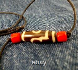 Rare Ancient Tibetan 2 EYES & 2 STRIPES dZi Agate Bead Necklace Amulet