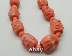Rare Antique Chinese Carved Buddha Bead Natural Pink Coral Necklace 199.1 G