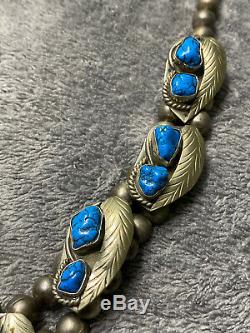 Rare Antique Navajo Native America Silver Bead & Turquoise Blossoms Necklace
