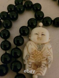 Rare Antique Signed Japanese Boy & Girl Netsuke Handknotted Onyx Bead Necklace