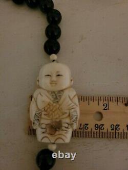 Rare Antique Signed Japanese Boy & Girl Netsuke Handknotted Onyx Bead Necklace