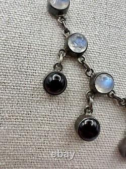 Rare Antique Sterling 925 Blue Rainbow Moonstone Necklace Art Nouveau Cabochon