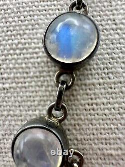 Rare Antique Sterling 925 Blue Rainbow Moonstone Necklace Art Nouveau Cabochon