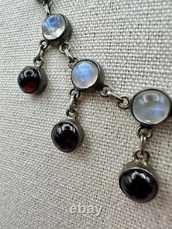 Rare Antique Sterling 925 Blue Rainbow Moonstone Necklace Art Nouveau Cabochon