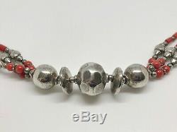 Rare Antique Sterling Silver & Coral Bead Bedouin Ethnic Fancy Necklace 19