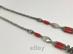 Rare Antique Sterling Silver & Coral Bead Bedouin Ethnic Fancy Necklace 19