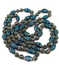 Rare Antique Tibetan Turquoise Silver Inlay Graduated Bead Necklace 58 Long