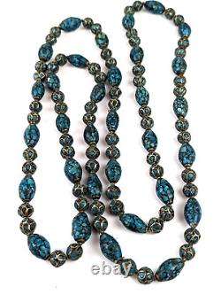 Rare Antique Tibetan Turquoise Silver Inlay Graduated Bead Necklace 58 Long