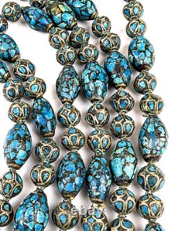 Rare Antique Tibetan Turquoise Silver Inlay Graduated Bead Necklace 58 Long