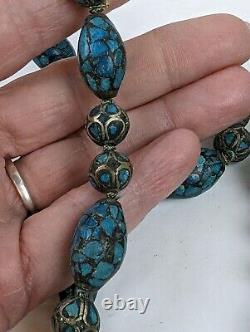 Rare Antique Tibetan Turquoise Silver Inlay Graduated Bead Necklace 58 Long