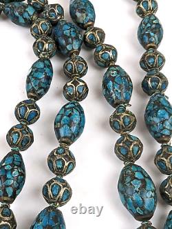 Rare Antique Tibetan Turquoise Silver Inlay Graduated Bead Necklace 58 Long