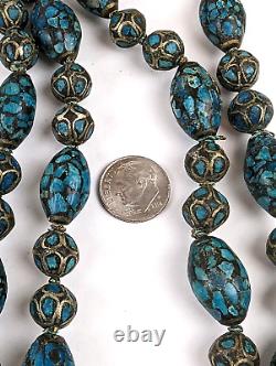 Rare Antique Tibetan Turquoise Silver Inlay Graduated Bead Necklace 58 Long