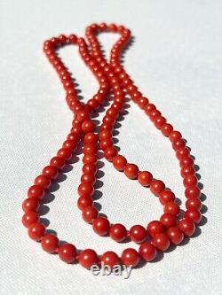 Rare Antique Victorian Natural Red Coral Sardena Beaded Necklace Length 37 1/2