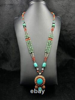 Rare Beautiful Tibetan Vintage Necklace With Natural Turquoise & Coral Stone